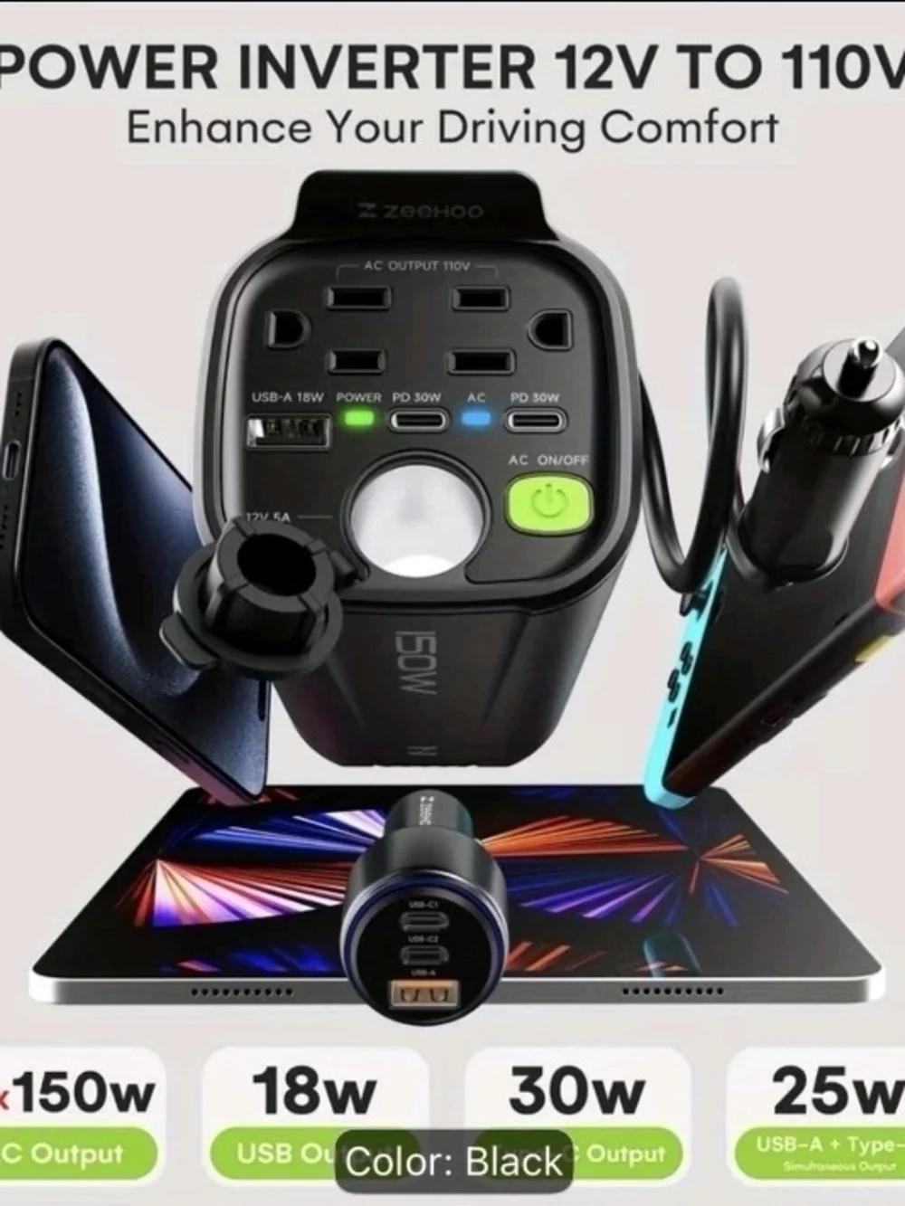 Zeehoo 150W Car Power Inverter - Black